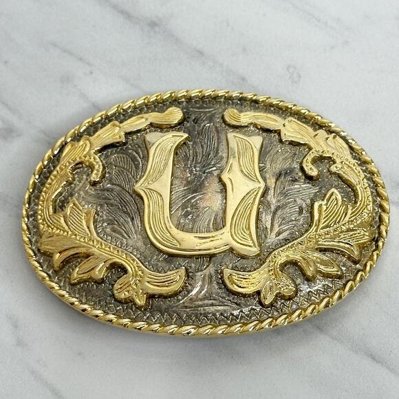 U Initial Western Belt Buckle Gold Silver Tone Ornate Scrollwork Design ✨ - Picture 1 of 14